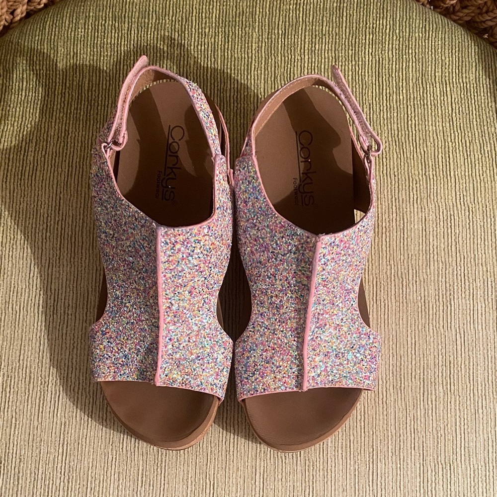Corkys Pink Multi-Color Confetti Wedges. Good Condition. Size 6 Gorgeous Sandals